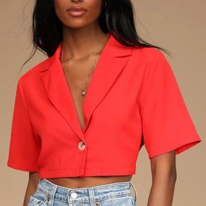 Red Cropped Short-Sleeve Blazer Top